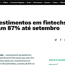 TTR: Investimentos em fintechs aumentam 87% at setembro